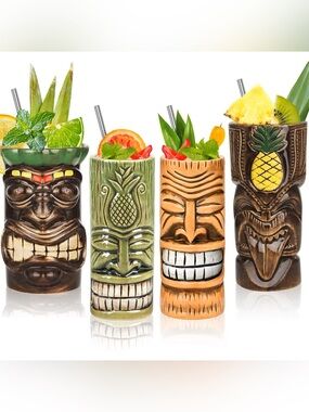 Large Ceramic Tiki Mug Set of 4 Hawaiian Luau Cocktail Cups 15-23oz w Box